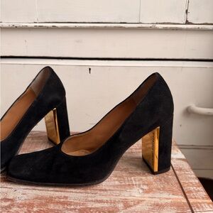Gianmarco Lorenzi Black Suede Heels with Gold Block Heel